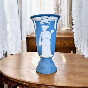 Vintage Japanese Wedgwood “Style” Blue Jasperware Porcelain Pedestal Vase